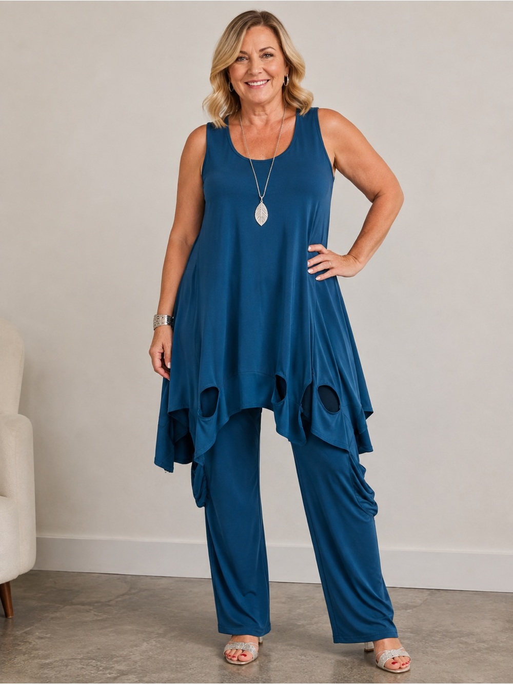 Sympli Teal Two-Piece Sleeveless Top Wide Leg Pants Set Size 12